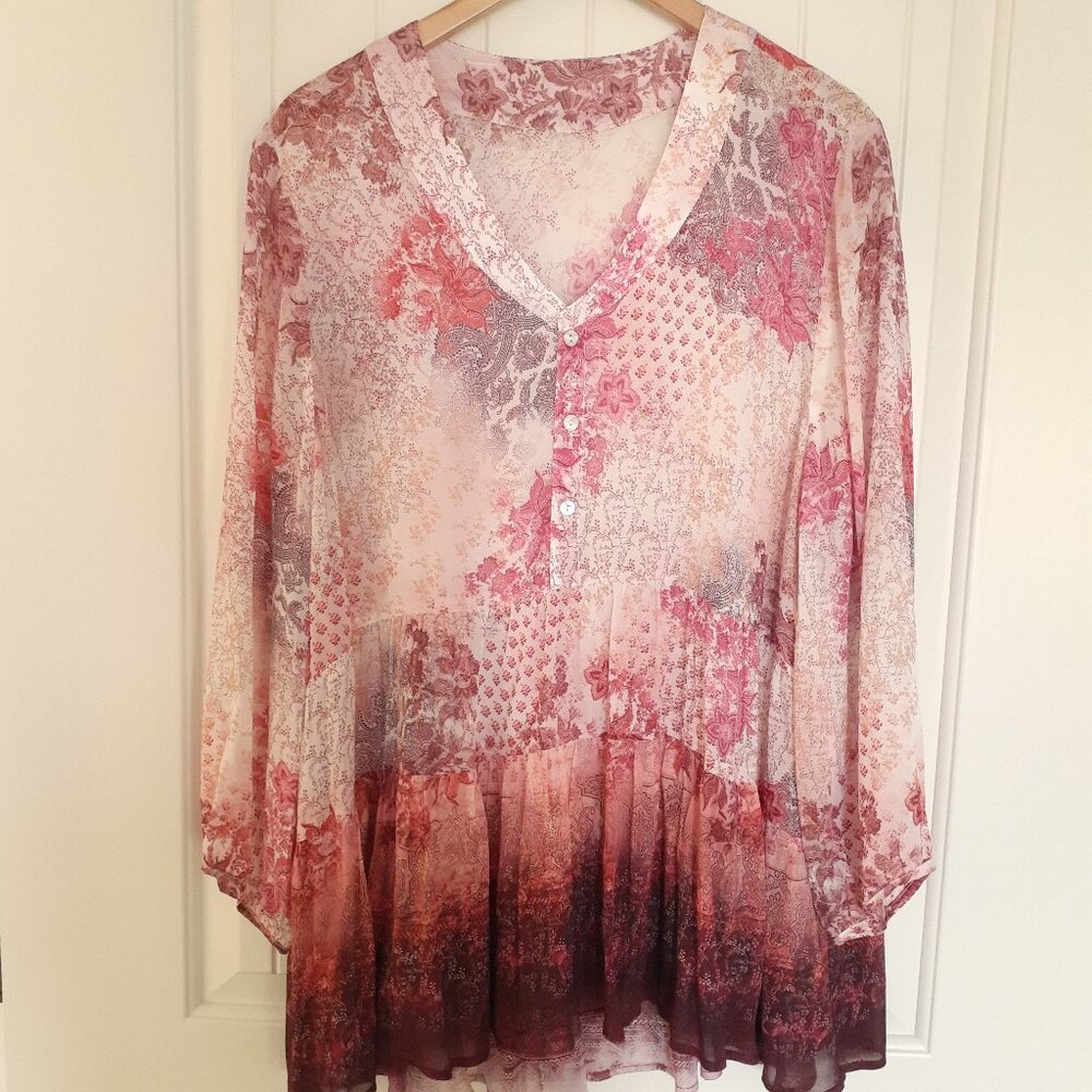 Sundance Honey Blossom Top V-Neck Tiered Peasant Blouse Pink Size L